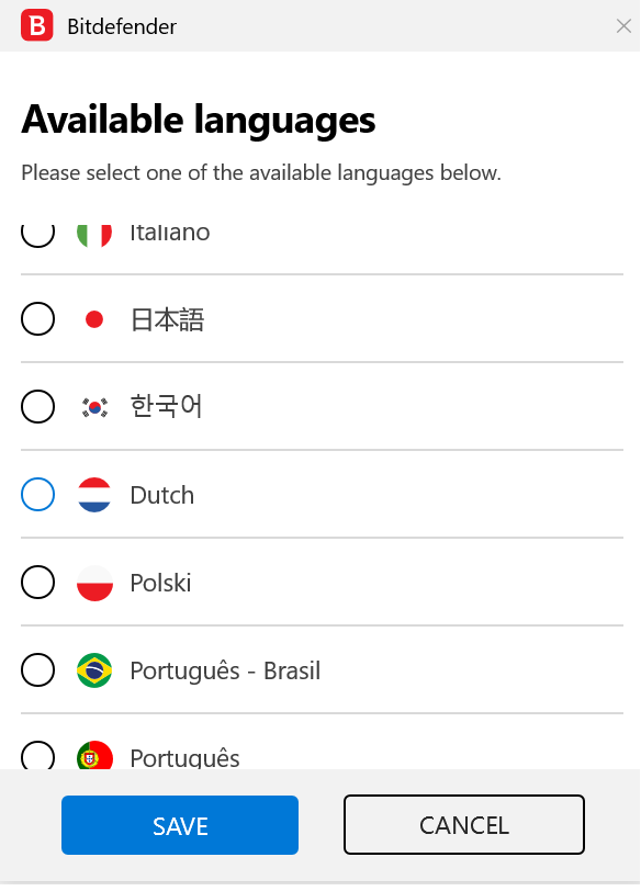 Bitdefender Select Languages